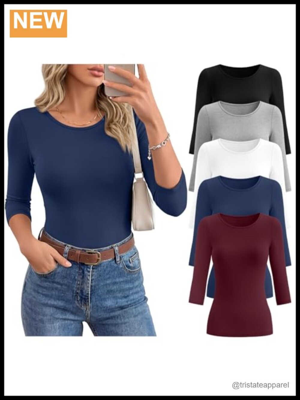 5 Pack Women's 3/4 Sleeve Cotton Blend Tops Crew Neck Slim Fit Tees